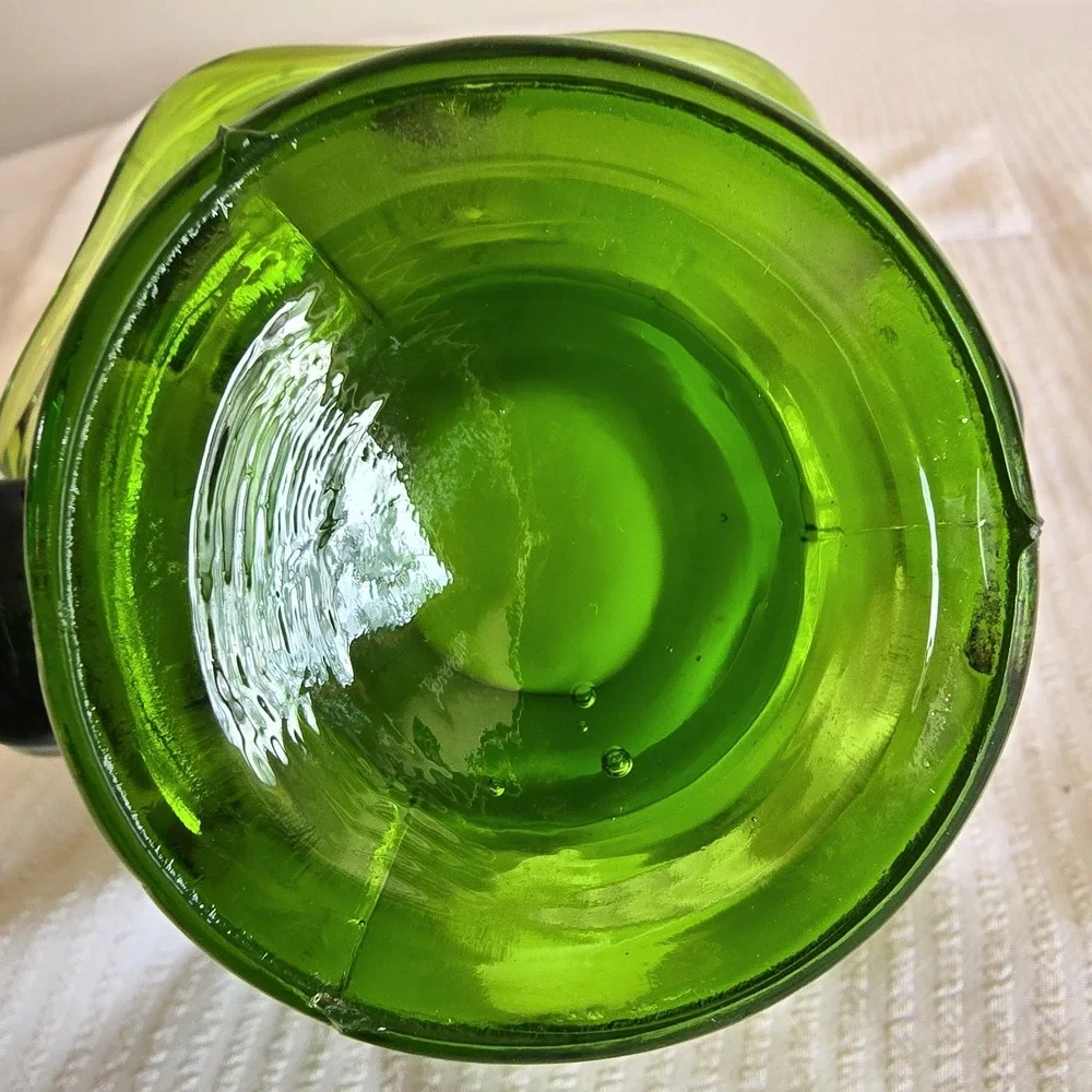 MCM 1960 Emerald Green and White Handblown Glass Basket Candy Dish Bohemian Form